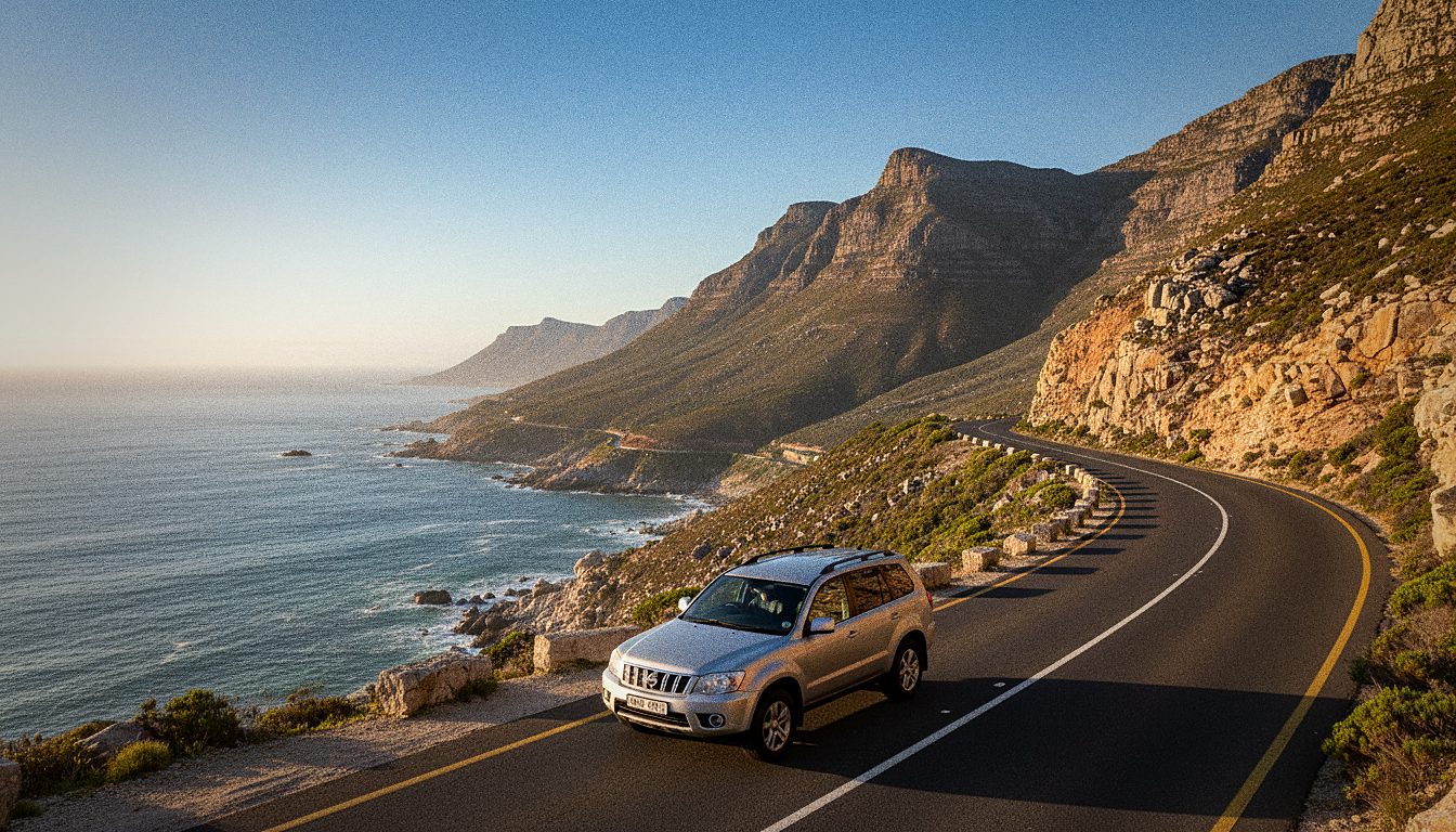 Hire car on Chapmans Peak coastal road above the ocean near Cape Town