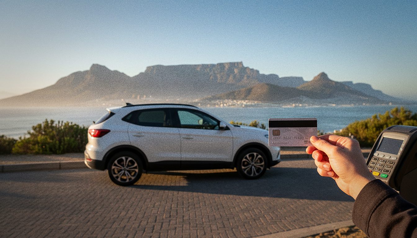 Traveller holding a debit card beside a rental car in Cape Town