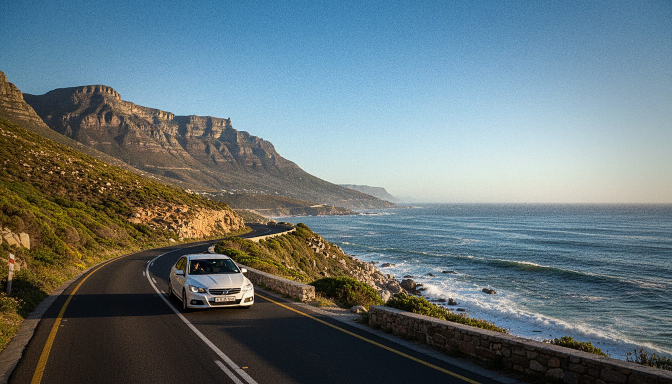 Rental car on a coastal road below Table Mountain in Cape Town