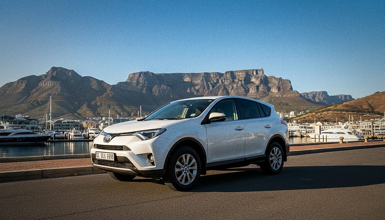Rental car near the V&A Waterfront in Cape Town with Table Mountain behind